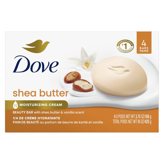Dove Beauty Bar Limpiador suave para la piel de karité, 4 barras hidratantes para un cuidado suave y suave de la piel, más hidratante que el jabón en barra, 4 onzas