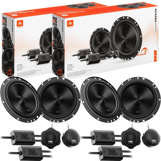 paquete 2 set de medios jbl stage2 gen 2 6.5 pulgadas 720w máx Dos juegos de medios JBL Stage2 GEN2 6.5" (165 mm) negros, cada set con cono cóncavo y aro perforado, tweeter separado y crossover compacto visibles; mostrado con cajas y componentes desplegados, especificaciones 90 W RMS, 720 W máx, 60 Hz–20 kHz; opción común para actualizar sistemas de audio de vehículo.