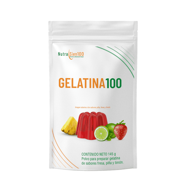 gelatina en polvo nutrasien100 sin azúcar 1 bolsa con 3 sabores = 3 litros paquete frontal blanco resellable con logo Nutrasien100 y texto GELATINA100, ilustración de gelatina roja y frutas (fresa, limón, piña) que indica sabores fresa, limón y piña; contenido neto 145 g, prepara 3 litros, postre bajo en azúcar apto para dietas keto y personas con diabetes, sin gluten ni lactosa. A menudo usada como colación ligera en moldes individuales.