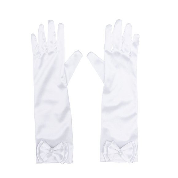FELTECHELECTR 1 par de guantes largos de satén con lazo para niña de las flores, para boda, fiesta de noche (blancos)