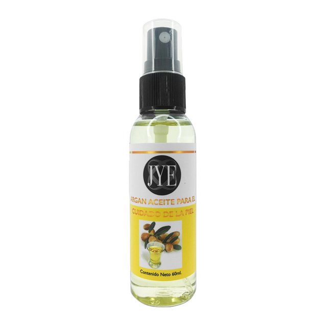 aceite de argán jye natural 60 ml para piel y cabello botella spray transparente de 60 ml con etiqueta amarilla y logo JYE, líquido dorado claro visible y tapón negro con atomizador, ilustración del fruto en la etiqueta, envase frontal sobre fondo blanco; a menudo usado para masajes capilares y aplicación tópica en piel.