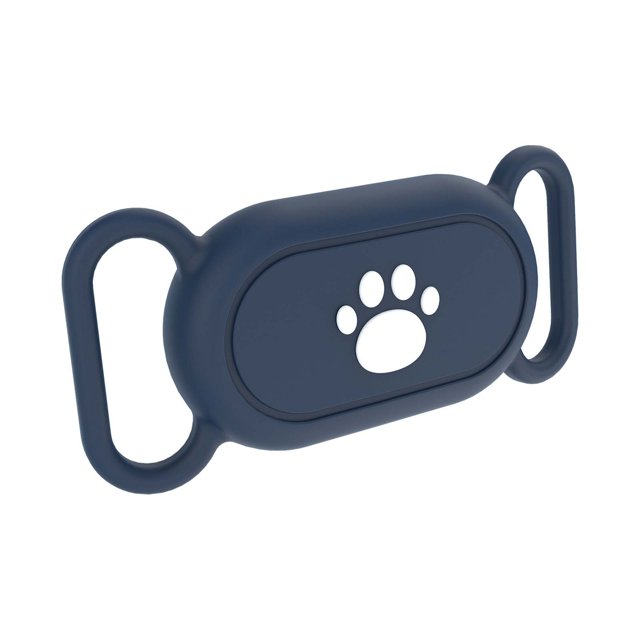 localizador de mascotas con funda protectora de silicona, funda color D (azul oscuro) para rastreador impermeable con cuerpo ovalado, recorte de huella en el panel frontal y dos anillas laterales para enganchar al collar, tamaño compacto 7.9x3.6x1.3 cm; también suele usarse para marcar identificaciones temporales en viajes.