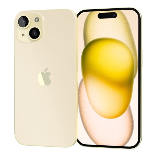 apple iphone 15 plus 128gb amarillo reacondicionado frontal y trasera en vista 3/4: teléfono amarillo con parte posterior de vidrio infundido y marco de aluminio aeroespacial, doble cámara trasera visible y pantalla Super Retina XDR OLED de 6.7" con Dynamic Island. Suele usarse para fotos con la cámara de 48 MP, grabación 4K y reproducción Dolby Atmos; batería de larga duración y carga por USB-C.