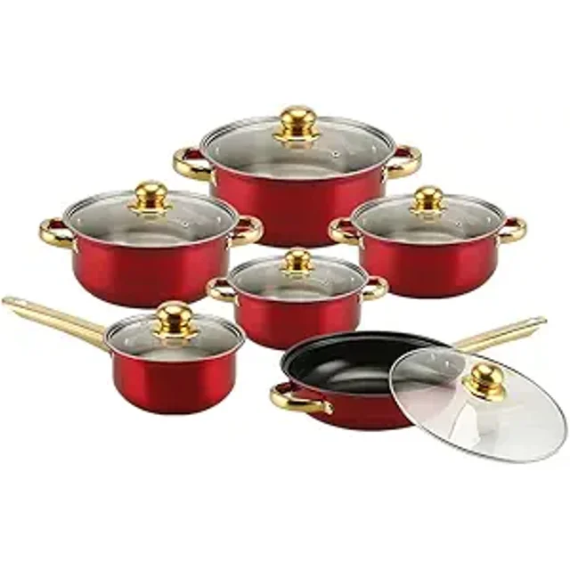 bateria cocina de 12 piezas ollas y sartenes antiadherentes cocina en casa cocina antiadherente, rojo juego rojo de 12 piezas: vista frontal centrada de varias ollas y un sartén con asas y pomos dorados y tapas de vidrio; exterior rojo y interior antiadherente negro, fabricadas en acero inoxidable según la ficha técnica; incluye cacerola con mango largo y ollas de distintos tamaños para freír, saltear, hervir y cocinar al vapor; también suelen usarse para preparar porciones pequeñas.