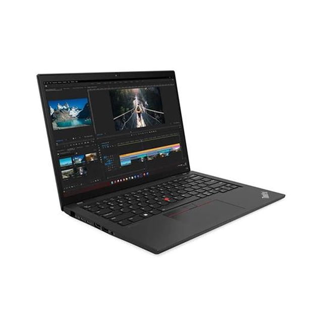 laptop lenovo thinkpad t14 intel core i5 16 gb ssd 512 gb 14 pulgadas wuxga w11 pro Vista 3/4 abierta de la Lenovo ThinkPad T14 G4 con pantalla WUXGA de 14", teclado negro con TrackPoint rojo, biseles delgados y chasis oscuro; en pantalla interfaz de edición de video y puertos USB visibles en el lateral; suele usarse también como estación móvil para edición ligera durante viajes.