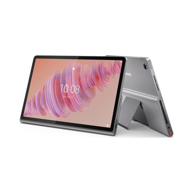tablet lenovo tab plus tb351fu 11.5 ram 8gb storage 128gb android 14. Vista 3/4 frontal y lateral de tablet Lenovo gris con pantalla táctil encendida y soporte trasero desplegado; acabado sin bordes y funda delgada visible. Compatible con Lenovo Tab Pen Plus (4096 niveles de presión), también adecuada para tomar notas o dibujo casual.