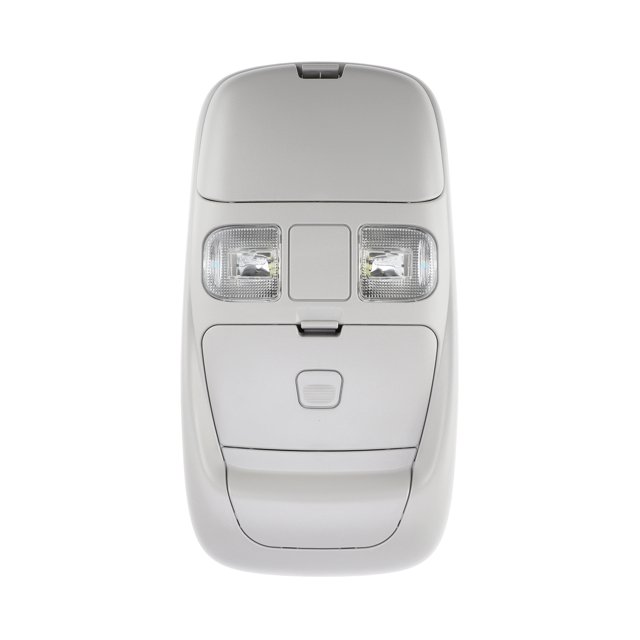luz de consola superior unique bargains con led para dodge ram 1500 1999-2001 y ram 2500 3500 1999-2002 con estuche para gafas Vista frontal de la luz de consola superior beige con dos lentes rectangulares que muestran bombillas LED, tapa abatible para estuche de gafas en la parte superior y compartimento inferior con tapa; plástico texturizado, diseñada como reemplazo compatible con especificaciones OEM y adecuada para mejorar la iluminación interior de la cabina.