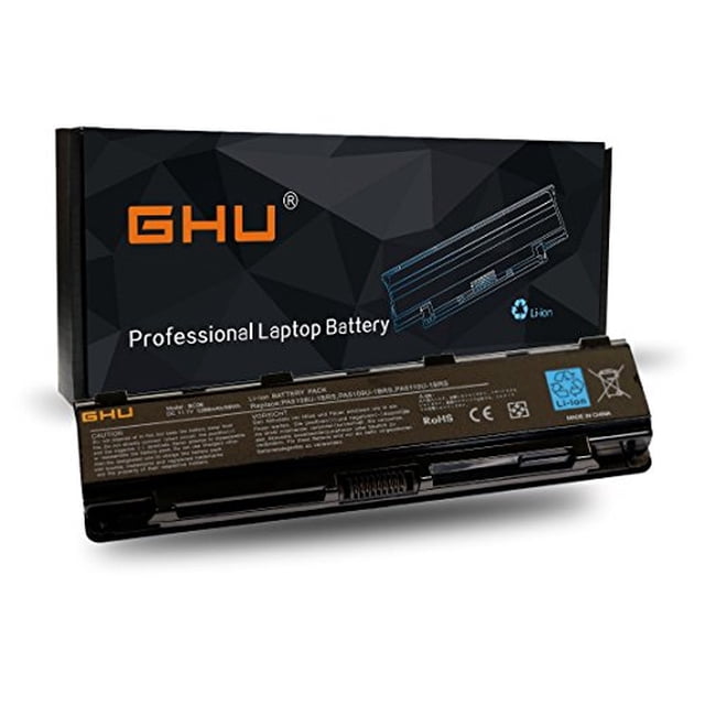 batería de repuesto ghu para laptop 58 wh pa5109u-1brs compatible con toshiba satellite, vista frontal centrada de la batería negra rectangular con etiquetas técnicas legibles y conectores visibles en la base, caja negra con logo GHU al fondo; también es adecuada como repuesto para reparación de laptops.