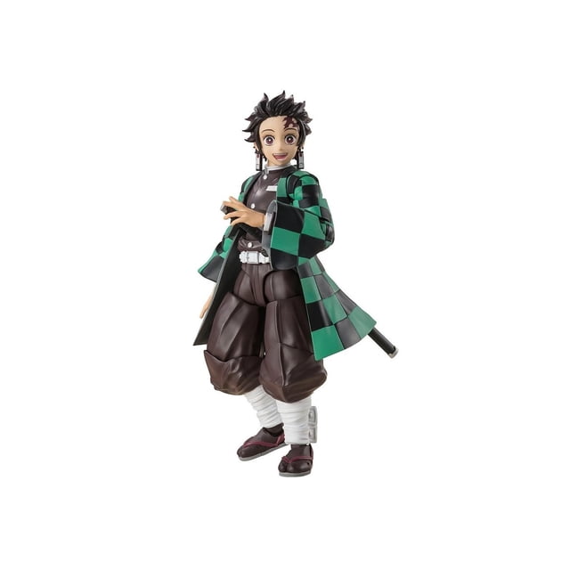 figura bandai sh figuarts demon slayer tanjiro kamado figura de acción coleccionable de 14 cm, abrigo a cuadros verde y negro, kimono marrón, vendas en las piernas, vaina de espada en la cintura y piezas intercambiables, mostrada en vista frontal 3/4.