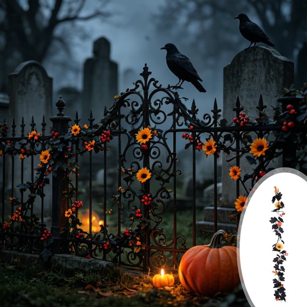 Guirnalda de hojas de arce artificiales negras con calabaza de ratán y bayas para decoración de chimenea y ventana de Halloween