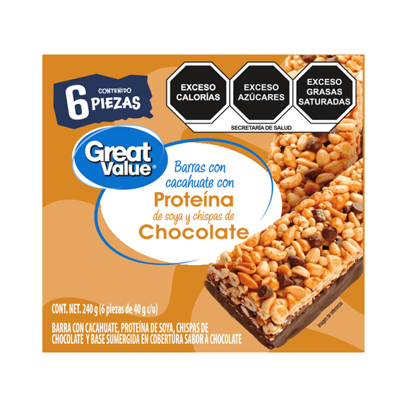 Barras Great Value con Cacahuate, Proteína de Soya, Chispas de Chocolate y Base Sumergida en Cobertura Sabor a Chocolate 240 g