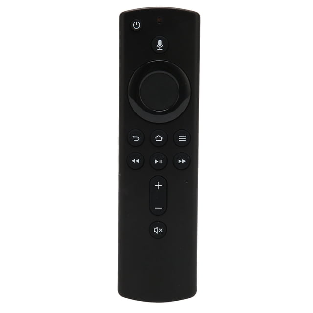 control remoto para amazon fire tv stick 4k fire tv stick 2.ª generación fire tv stick lite tv stick versión 2020 fire tv cube — mando frontal negro con rueda direccional circular, botón de voz con icono de micrófono, botones de retroceso, inicio, reproducción/pausa y avance, controles de volumen +/-, botón de silencio; carcasa ABS, fondo blanco, adecuado como control de repuesto o sustituto para viajes.