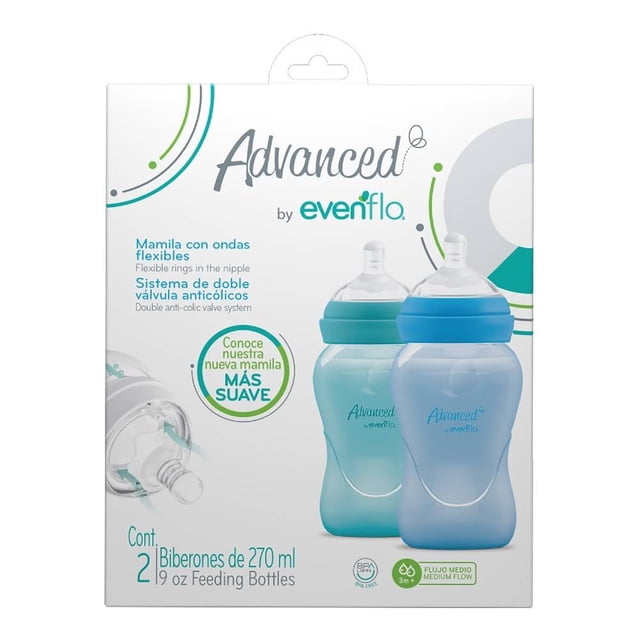 biberón advanced by evenflo bold niño flujo medio 9 oz 2 piezas empaque frontal con dos biberones azul y teal de 270 ml (9 oz) con cuello ancho y tetina de flujo medio; cuerpo ergonómico con marca visible, anillo y tapa a juego. Recomendado a partir de 3 meses; también suele usarse para llevar en salidas cortas.