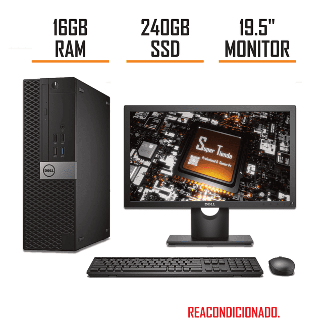 computadora optiplex dell ram 16gb ssd 240gb monitor 19.5" (reacondicionado) Reacondicionado torre Dell negra vertical con panel frontal y logo, monitor 19.5" HD a la derecha mostrando gráfico de placa madre, teclado y ratón negros al frente; adecuada para escritorio, oficina y uso escolar.