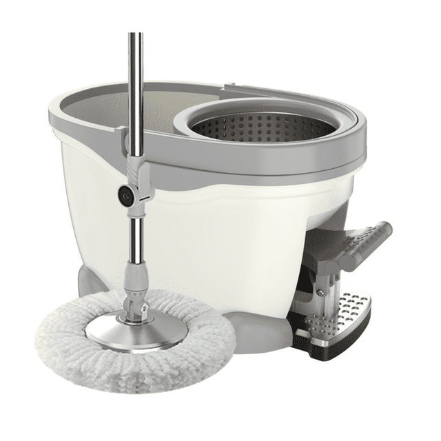 trapeador spin mop y cubeta con pedal komfort blanco cubeta blanca y gris con pedal lateral para escurrir, cabezal giratorio 360° con almohadilla de microfibra blanca, mango metálico vertical y centrifugador integrado en el borde; a menudo usado también como opción compacta para limpieza rápida en espacios pequeños.
