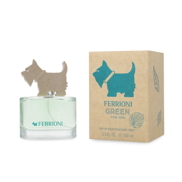 ferrioni green for her 100ml edt spray ferrioni Botella cilíndrica de vidrio con líquido verde claro y tapón decorativo en forma de perro; caja kraft con silueta turquesa de perro y texto Ferrioni Green For Her, 100 ml. Fragancia floriental frutal para dama con notas de pera, manzana, musgo, pachuli, rosas, jazmín y vainilla, inspirada en una mujer soñadora y ambiciosa.