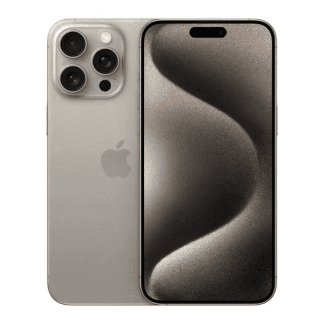 apple iphone 15 pro max 256gb gris reacondicionado Vista centrada frontal y trasera del iPhone en gris, pantalla activa con ranura superior, módulo triple de cámaras en esquina superior izquierda, borde metálico mate y logo Apple en la parte trasera; producto reacondicionado que incluye caja y cable alternativo, y que suele usarse también como equipo secundario para viajes.