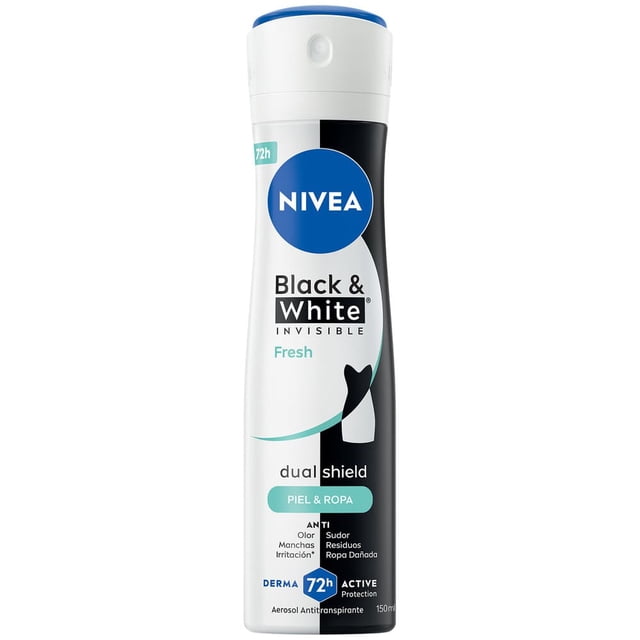 antitranspirante nivea black & white invisible black & white fresh spray 150 ml — Envase frontal cilíndrico de 150 ml con tapón blanco y detalle azul; etiqueta blanca y negra con logo NIVEA, texto 'Black & White Invisible Fresh', sello '72h' y leyenda 'dual shield piel & ropa' que indica protección contra manchas, sudor y olor. Composición centrada sobre fondo neutro. A menudo usado también para mantener prendas oscuras y claras sin residuos visibles durante el día.