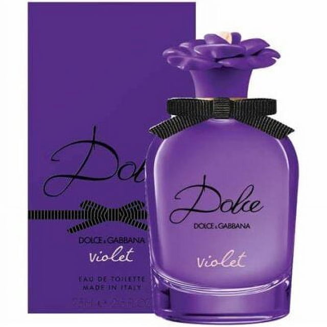 dolce & gabbana dolce violet eau de toilette 75 ml mujer botella morada con tapón en forma de flor y lazo negro en vista frontal sobre su caja morada, perfume para mujer 75 ml.