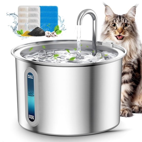 Oneisall PWF-001 Fuente de Agua para Gatos de Acero Inoxidable 304, Fuentes de Agua de 2L para Gatos de Interior - Plateado