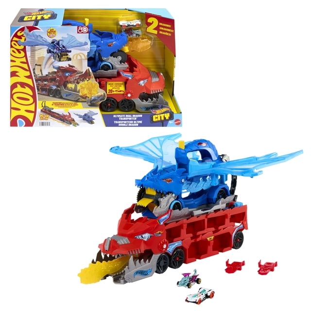pista de juguete mattel hot wheels transportador de dragones multicolor; transportador grande en vista 3/4 con remolque y cabina rojos, dragón azul desmontable con alas translúcidas que se pliega en pista de dos carriles, boca con dientes y llamas amarillas simuladas, incluye dos autos Hot Wheels escala 1:64 y espacio para más de 20 vehículos, conectable a otras pistas Hot Wheels; a menudo usado también para exhibir colecciones de autos en estantes de juego.