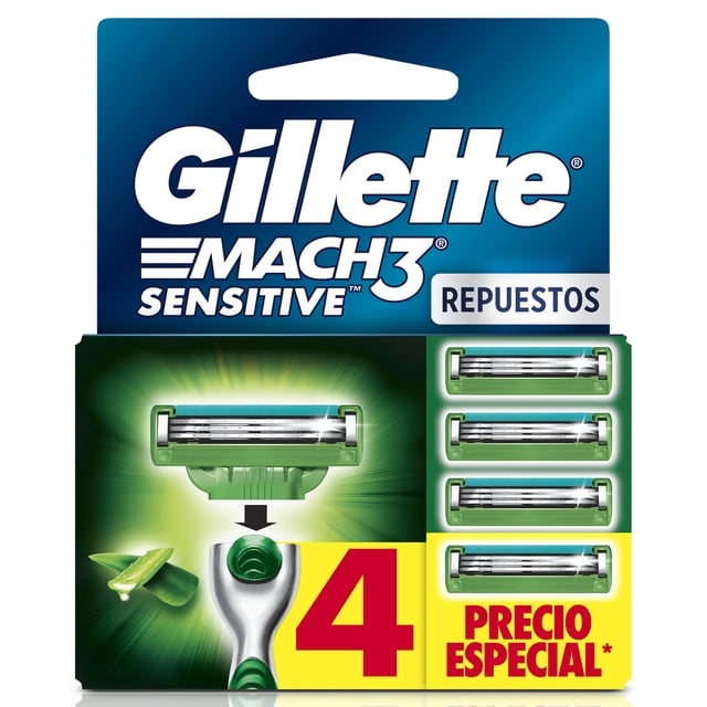rastrillo gillette mach3 sensitive 4 repuestos con aloe, piel sensible Empaque frontal con logo Gillette Mach3 Sensitive; cuatro cartuchos repuestos alineados a la derecha, cartucho en primer plano muestra banda lubricante verde (aloe), número "4" grande que indica la cantidad y leyenda "Precio Especial" sobre fondo azul y verde.