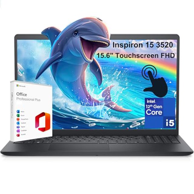 computadora portátil empresarial dell inspiron 15 3520 3000 de 15,6" con pantalla táctil fhd, vista frontal centrada de la laptop abierta con pantalla táctil FHD 15.6" mostrando gráfico colorido, chasis oscuro y teclado integrado; insignia Intel 12th Gen Core i5 y caja de Microsoft Office visibles; adecuada para trabajo remoto y presentaciones.