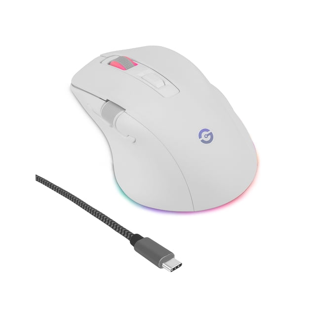 mouse inalambrico getttech ggm-rgbtr-01-wh triple funcion wifi bluetooth usb 6400dpi bateria recargable blanco — Vista 3/4 frontal del mouse blanco con diseño ergonómico, rueda de desplazamiento iluminada, botón para ajustar DPI, dos botones laterales y logotipo Getttech; base muestra retroiluminación RGB y cable USB-C trenzado en primer plano. Ideal también para estaciones de trabajo portátiles gracias a sus modos 2.4G, Bluetooth y conexión por cable.