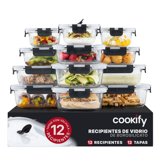 set 12 recipentes de vidrio cookify, tapa hermética | refractarios contenedores resistentes sin bpa, aptos para horno, congelador: juego frontal apilado de 12 recipientes transparentes de vidrio borosilicato con tapas herméticas negras y válvula de silicona patentada; mostrados con frutas, verduras, sopas y snacks, cierre a presión de 4 pestañas y anillo de silicona removible visibles, diseño apilable para ahorro de espacio; también suelen usarse como moldes individuales para porciones al hornear.