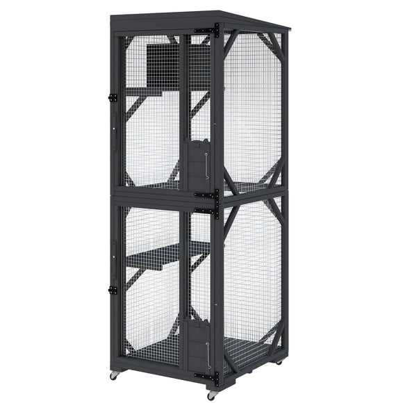 Casa para Gatos de Madera – Portátil con Ruedas – Jaula Multi-Nivel – Interior y Exterior – Puertas Dobles – Caja de Descanso – Malla Galvanizada – Varias Mascotas – Negro