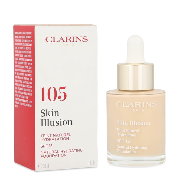 base de maquillaje skin illusion natural hydrating foundation spf15 nude clarins Vista frontal de la caja blanca y roja con '105 Skin Illusion' junto a frasco de vidrio con gotero y tapa dorada, tono nude, 30 ml; base ligera que aporta hidratación y acabado natural.