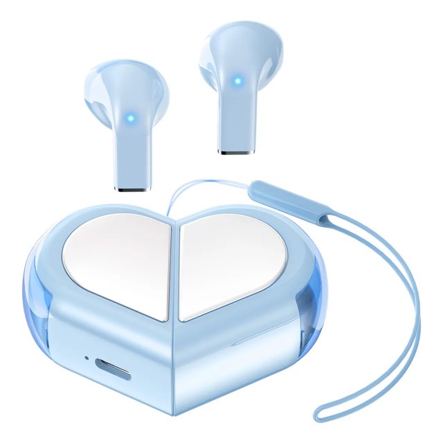 veatool k520 auriculares inalámbricos intrauditivos, bluetooth 5.3, diseño con cordón portátil, perfil doble en forma de corazón auriculares in ear azules con dos vástagos y estuche de carga azul cuya tapa se divide en dos mitades en forma de corazón; vista frontal centrada, puerto USB-C visible en el estuche, acabado liso brillante, cordón portátil y diseño convertible corazón/barra; a menudo usados también para llamadas manos libres y uso en viaje según compatibilidad Bluetooth.