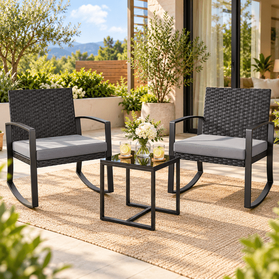 Zocalo Set de Patio de 3 Piezas con 2 Sillas Mecedoras de Ratán y Mesa Auxiliar, Gris
