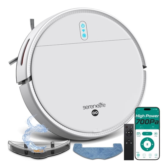 Robot Aspiradora y Trapeador Inteligente SereneLife, Control por App, Sensores Anticaída, Autocargable, 3 Modos de Limpieza, Succión de 700Pa, Ideal para Pelo de Mascotas, Alfombras y Pisos Duros