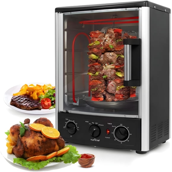 Horno Eléctrico Multifunción con Asador NutriChef, Horno de Convección Vertical de 23 Litros con Puerta de Vidrio, para Asar y Gratinar, Temporizador y Control de Temperatura, 34 × 31 × 48 cm