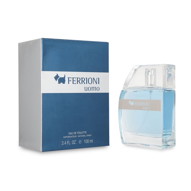 ferrioni uomo 100ml ferrioni edt spray frasco de vidrio con tapa transparente y líquido amarillo junto a caja azul marino con banda blanca y logo Ferrioni, 100 ml; fragancia floral para caballero con notas de bergamota, cardamomo, jazmín, enebro, lavanda, ámbar, almizcle y pachulí; suitable como fragancia de viaje por su tamaño.
