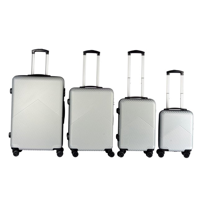 set de 4 maletas rígidas de viaje travel elite g (25 kg) m (20 kg) c (10 kg) carry on (8kg) gris conjunto frontal de cuatro maletas rígidas grises con patrón texturizado triangular, asas telescópicas a distintas alturas, 4 ruedas spinner 360° por maleta, cierres de plástico y metal, candado de combinación y apertura 180° desde el centro; adecuado también como juego compacto para viajes de distintas duraciones.