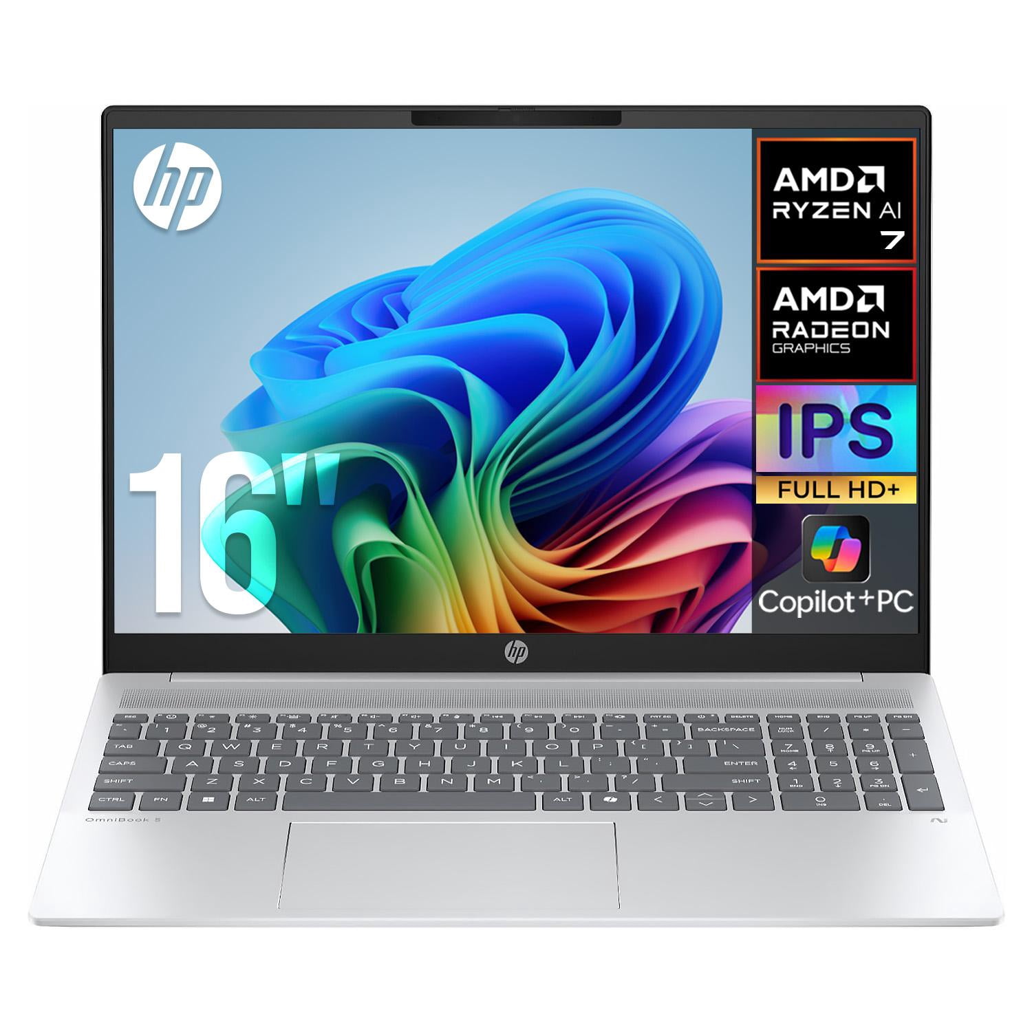Laptop AI PC HP OmniBook 5 Ryzen AI 7 350 NPU 50 TOPS 16GB LPDDR5x 512GB SSD Pantalla 16" IPS FHD+ Teclado Ingles Copilot+ PC