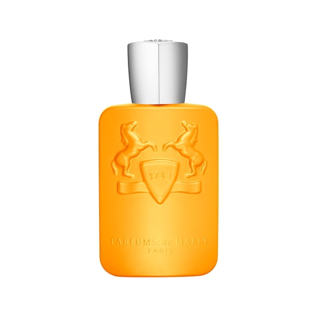 perfume parfums de marly perseus eau de parfum 125 ml para hombre botella rectangular naranja mate con tapa plateada y relieve de dos caballos y escudo, 125 ml (4.2 oz), notas altas de bergamota, pomelo y capullo de grosella negra; corazón de vetiver, mandarina verde y geranio; fondo de maderas secas y madera de cachemir.
