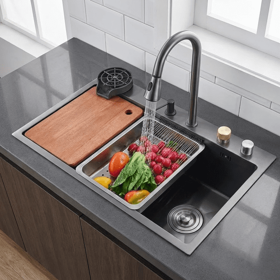 Fregadero Tarja de Cocina Acero Inoxidable 75×45 cm con Grifo Cascada & Extraíble, Antihuella – Incluye Tabla, Colador y Dispensador de Jabón - Negro Matte