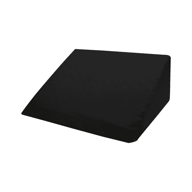 almohada de cuña dr joohn para cama diseño antillagas grande antirreflujo y antirronquidos negro vista 3/4 de una cuña triangular con funda negra de poliéster suave y cierre oculto; núcleo de espuma de poliuretano de alta densidad 60x50x25cm que eleva cabeza y torso para reducir reflujo y ronquidos, también adecuada para elevar piernas y mejorar la circulación.