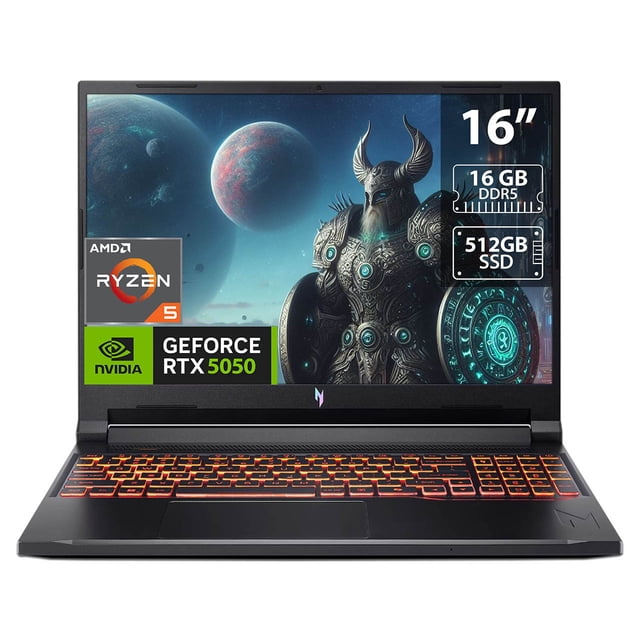 laptop gamer acer nitro v16: amd ryzen 5 240, ram 16gb ddr5, ssd 512gb, pantalla 16" — vista frontal centrada de portátil negro con pantalla 16" WUXGA (1920 x 1200) 180Hz mostrando arte de videojuego, teclado retroiluminado naranja, etiquetas visibles de NVIDIA GeForce RTX 5050 8GB y logotipo AMD Ryzen; bisel superior con cámara. A menudo usado para gaming y edición ligera.