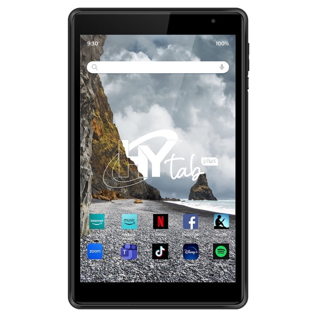 tablet hyundai hytab plus 8' octacore a523 hd ips android 13 4gb ram 64gb almacenamiento, vista frontal centrada de la tableta negra con pantalla HD IPS de 8" que muestra fondo costero y barra de búsqueda, cámara frontal superior derecha, marco delgado en plástico de aceite de caucho y iconos de apps en la parte inferior; adecuada para multimedia y lectura, y a menudo usada como cuaderno digital portátil.