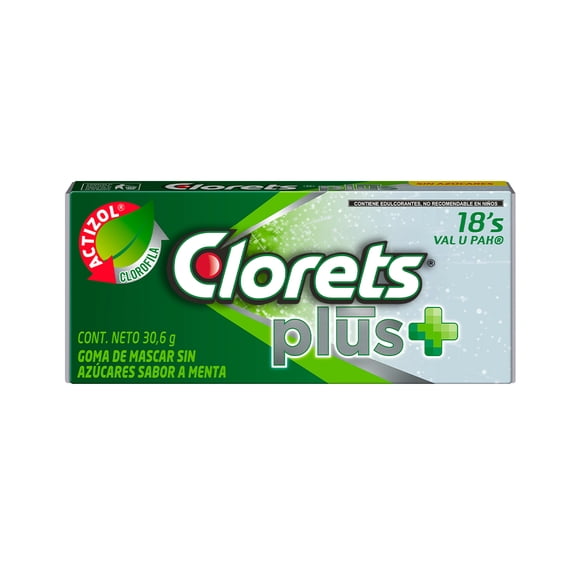 Goma de mascar Clorets Plus + sin azúcar sabor a menta 18 pzas