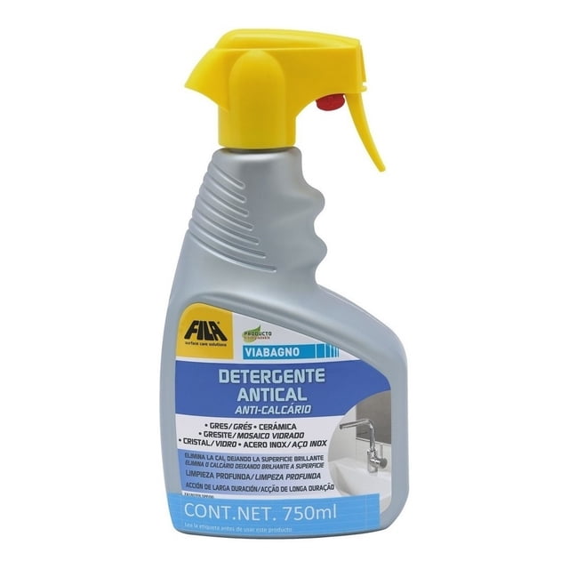 limpiador quitasarro baños cerámicos fila surface care solutions ea1808rt.spp 750ml botella rociadora blanca y gris con gatillo amarillo, etiqueta 'Detergente Antical' para gres, cerámica, cristal y acero inoxidable; contenido neto 750 ml; también apto para limpieza puntual de manchas calcáreas en accesorios y grifería.