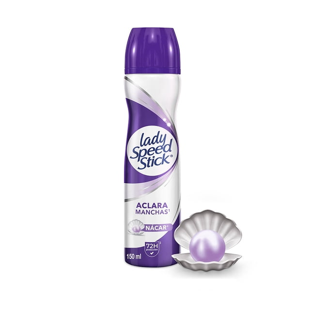desodorante mujer lady speed stick derma nacar pearl antitranspirante en aerosol 150 ml Aerosol frontal blanco y morado con logo Lady Speed Stick, rótulo "Aclara Manchas" y sello "72H", acompañado de una concha plateada con perla morada sobre fondo blanco que sugiere cuidado y protección de la piel.
