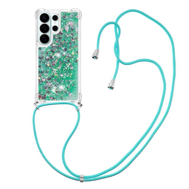 funda foxdock para samsung galaxy s26 ultra con cuerda ajustable, brillo líquido, protección antigolpes y lente – ideal para regalo verde: vista frontal de funda transparente FOXDOCK para Galaxy S26 Ultra con brillo líquido verde y partículas móviles, cuatro esquinas reforzadas antigolpes, recortes precisos para cámara y botones y cuerda ajustable turquesa para llevar cruzada o al cuello. Su tamaño compacto también la hace adecuada para manos libres al pasear o viajar.