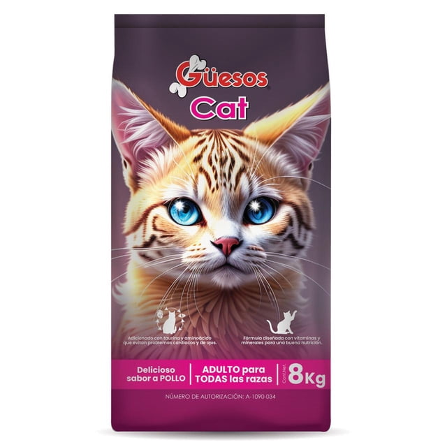 alimento para gatos güesos cat 8kg Bolsa frontal de 8 kg para gatos adultos Güesos, fondo morado con texto "Cat" y cara parcial de un gato, sabor a pollo; adicionada con taurina, aminoácidos, vitaminas y minerales; proteína mínimo 29%, grasa mínimo 10%, humedad máximo 12%, fibra máximo 4%.