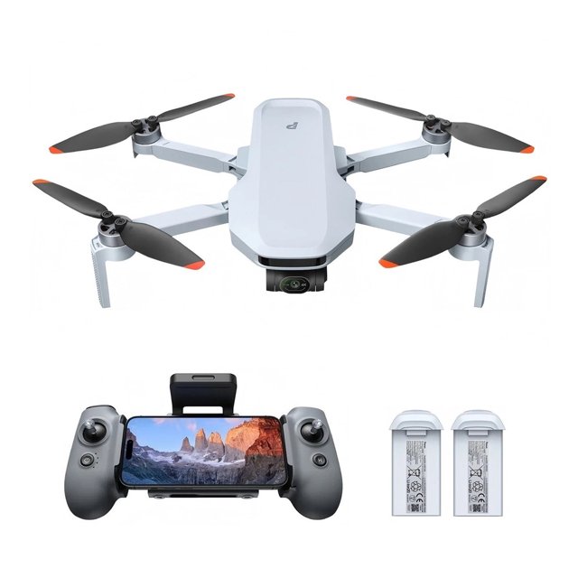 dron potensic atom 2 expansion kit video 4k hdr fotos 8k seguimiento ia y 2 baterías presenta el dron Potensic ATOM 2 en vista frontal con brazos desplegados, hélices negras con puntas naranjas, carcasa blanca y cámara en gimbal de 3 ejes; incluye control remoto con soporte para smartphone y dos baterías. Especificado para fotos de 48 MP, video 4K HDR, transmisión hasta 10 km y hasta 64 min de vuelo con ambas baterías; adecuado para vlogs y viajes por su peso menor a 249 g.