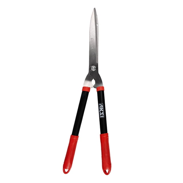 tijeras de poda aksi con mangos tubular de 55 cm tijeras de dos manos de 55 cm con mangos tubulares negros y empuñaduras rojas; hojas de acero al carbono en punta para cortes en esquina, tuerca de ajuste de fácil acción y hojas alabeadas que garantizan cortes parejos; también suelen usarse para recortar setos y dar corte preciso en arbustos.
